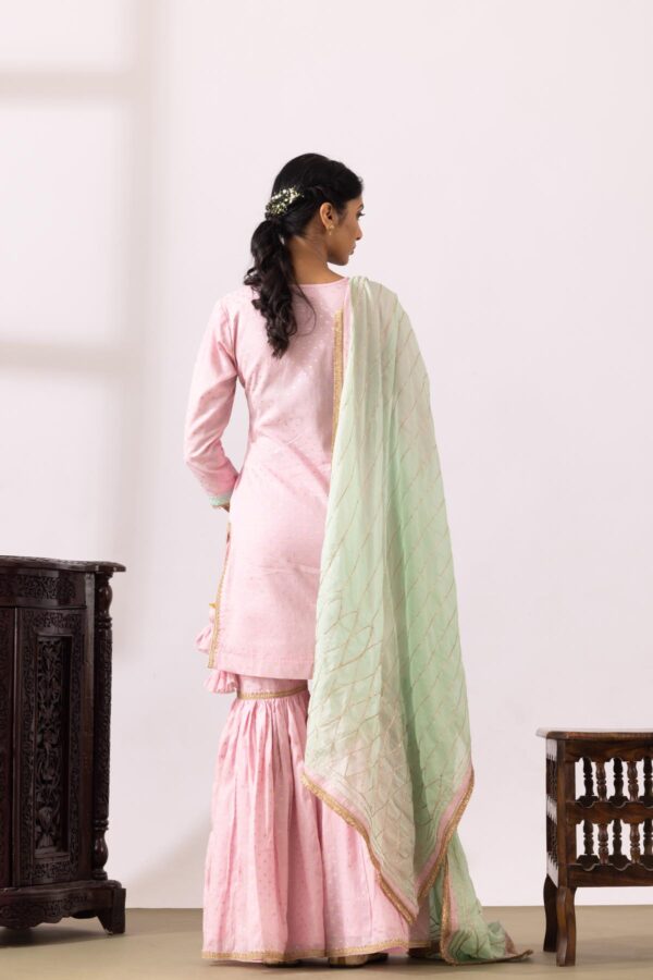 GULMEHER BABY PINK DORI EMBROIDERY BANARASHI CHANDARY GARARA SET OF 3