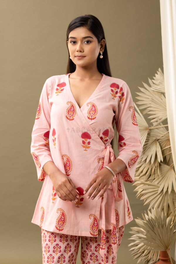 PHAGUN OLD ROSE PINK BLOCK PRINTED COTTON CAMBRIC ANGRAKHA KURTA WITH PANT SET OF 2