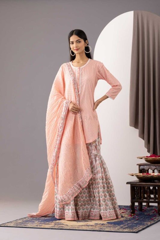 PHAGUN OLD ROSE PINK BLOCK PRINTED COTTON CAMBRIC GARARA SET OF 3