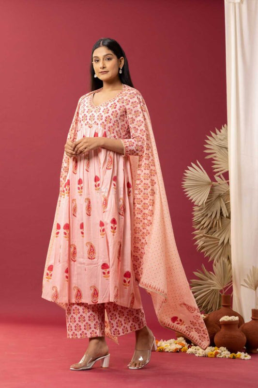PHAGUN OLD ROSE PINK BLOCK PRINTED COTTON CAMBRIC GATHER KURTA SET OF 3