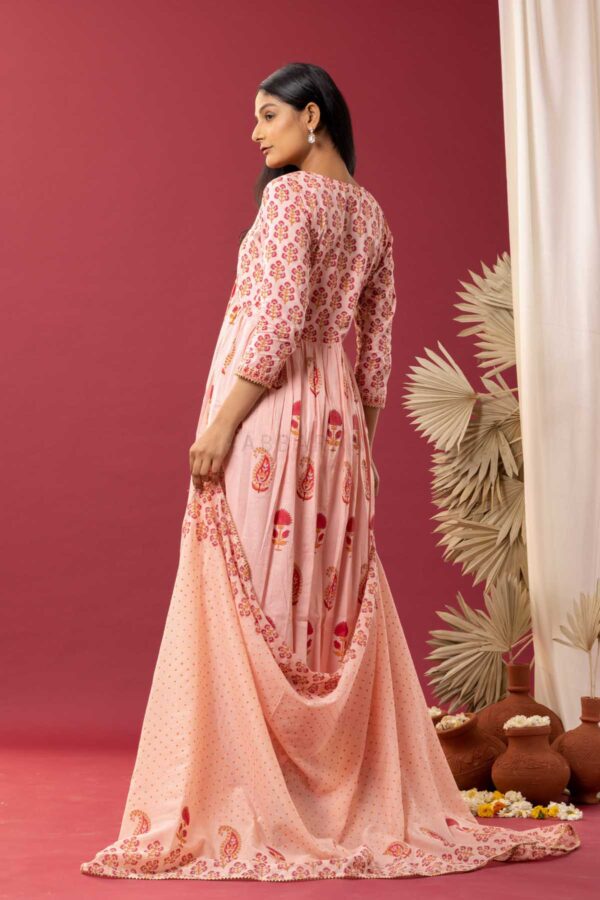 PHAGUN OLD ROSE PINK BLOCK PRINTED COTTON CAMBRIC GATHER KURTA SET OF 3