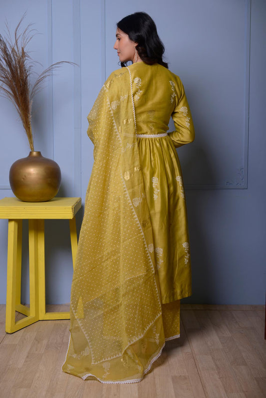 Jashan Olive Green Gather Kurta With Plazzo Set Of 3