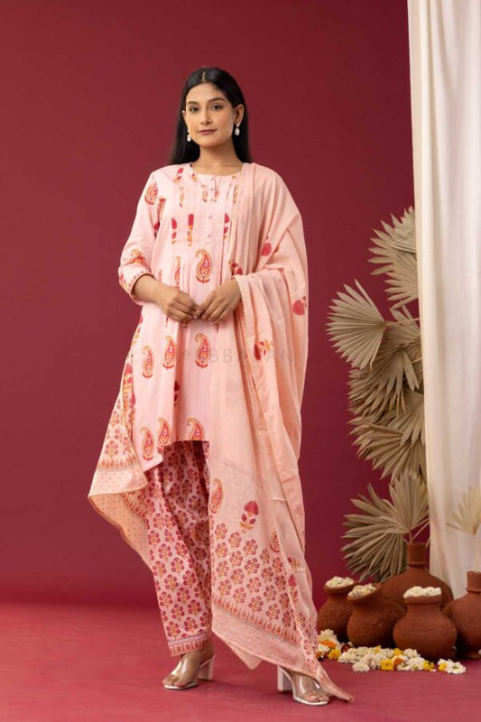 PHAGUN OLD ROSE PINK BLOCK PRINTED PINTUCK COTTON CAMBRIC KURTA WITH SALWAR SET OF 3