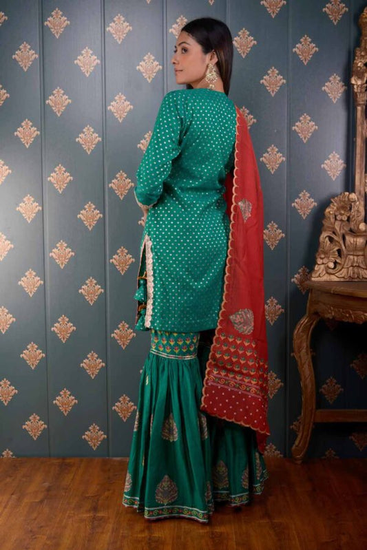 Jashan Green Banarasi Butty Chandary With Block Print Garara Set