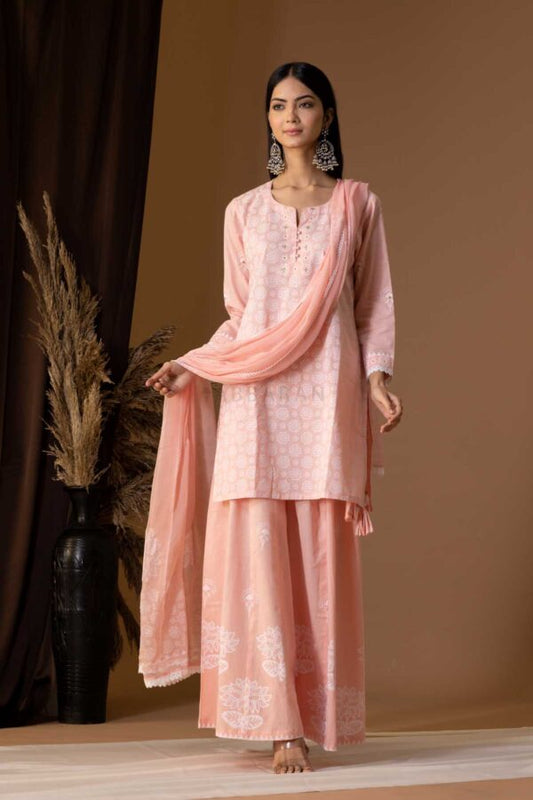 PHAGUN OLD ROSE PINK KHADI PRINTED COTTON CAMBRIC GARARA SET OF 3