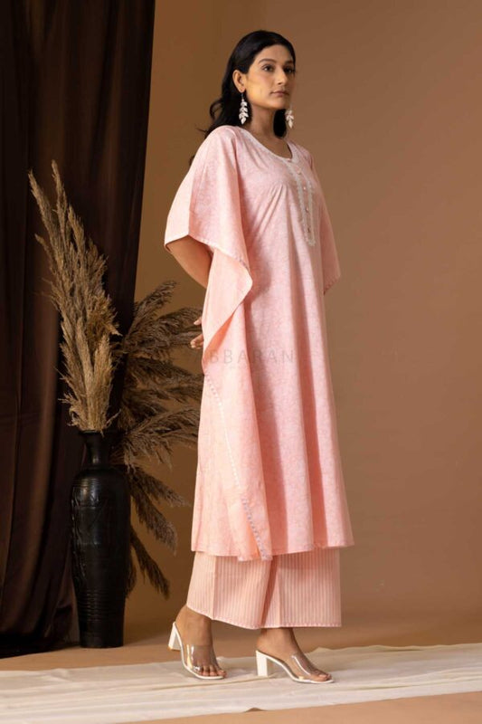 PHAGUN OLD ROSE PINK KHADI PRINTED COTTON CAMBRIC KAFTAN WITH PLAZZO SET OF 2