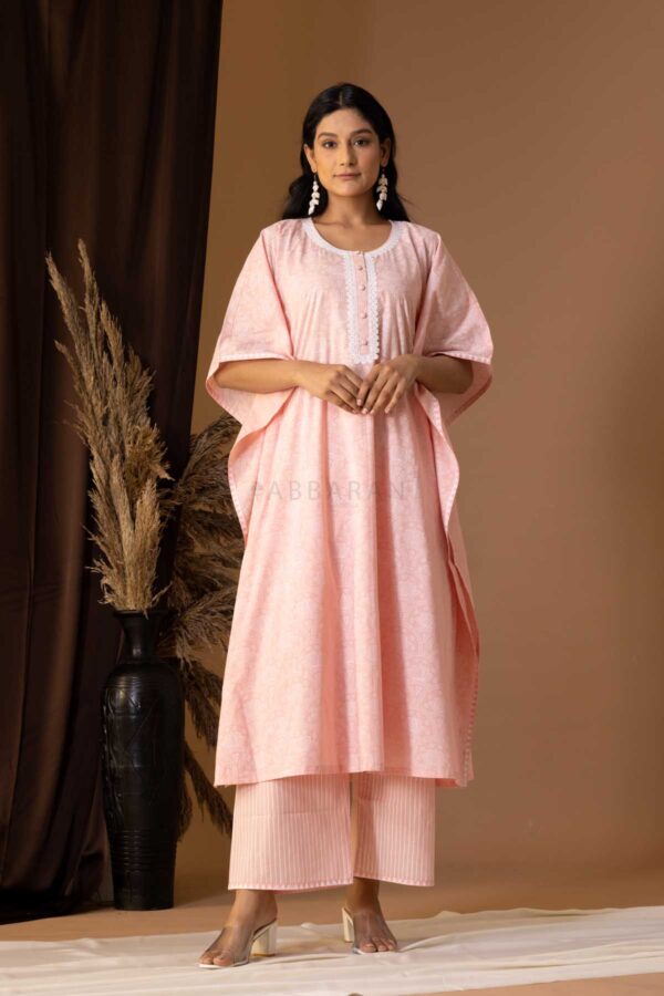 PHAGUN OLD ROSE PINK KHADI PRINTED COTTON CAMBRIC KAFTAN WITH PLAZZO SET OF 2