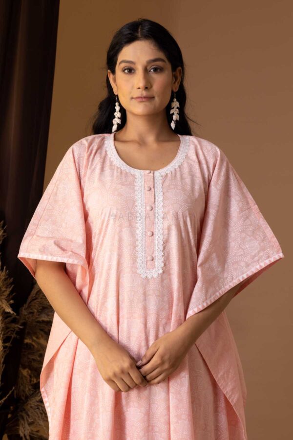 PHAGUN OLD ROSE PINK KHADI PRINTED COTTON CAMBRIC KAFTAN WITH PLAZZO SET OF 2