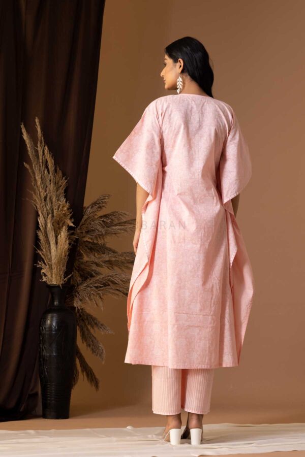 PHAGUN OLD ROSE PINK KHADI PRINTED COTTON CAMBRIC KAFTAN WITH PLAZZO SET OF 2