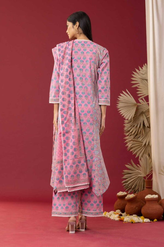 PHAGUN PINK BLUE BLOCK PRINTED COTTON CAMBRIC HIGH LOW KURTA WITH PLAZZO SET OF 3