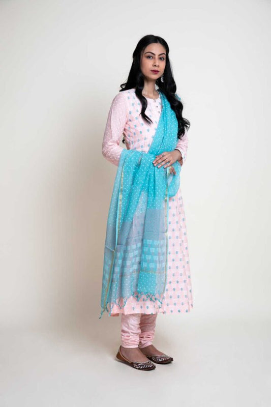 Block Printed Anarkali With Printed Chudidar and Kota Block Printed Contrast Dupatta