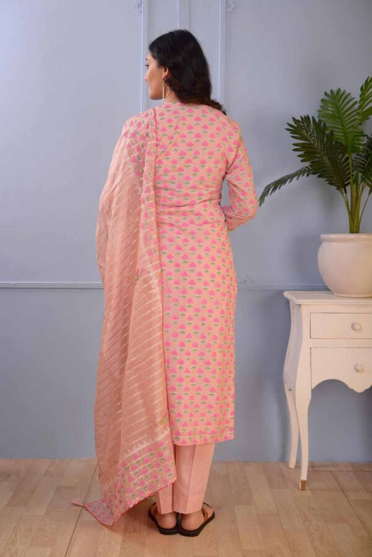 Jashan Pink Block Printed Cotton Silk Kurta Set