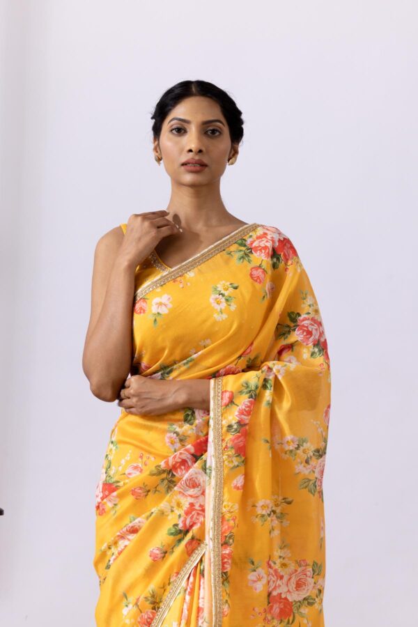 GULMEHER MUSTERED YELLOW DIGITAL PRINT CHANDARY READY TO WEARE SAREE SET OF 2