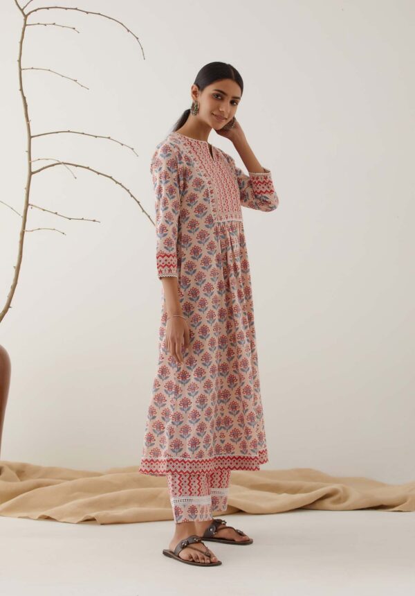 Gulal Light Pink Handblock Printed Gathered Kurta with Lace Finish