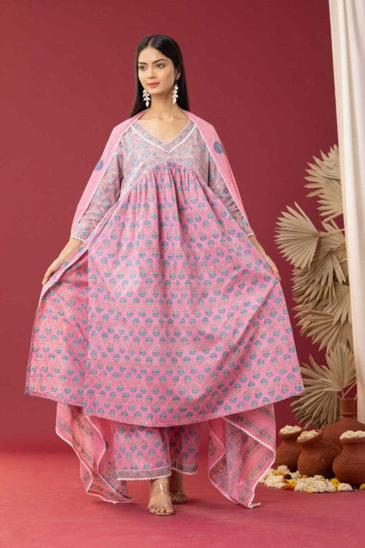 PHAGUN PINK BLOCK PRINTED COTTON CAMBRIC GATHER ANARKALI WITH PLAZZO SET OF 3