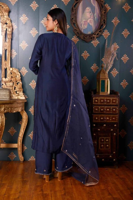 Jashan Hand Embroidery Navi Blue Cotton Silk Kurta Set