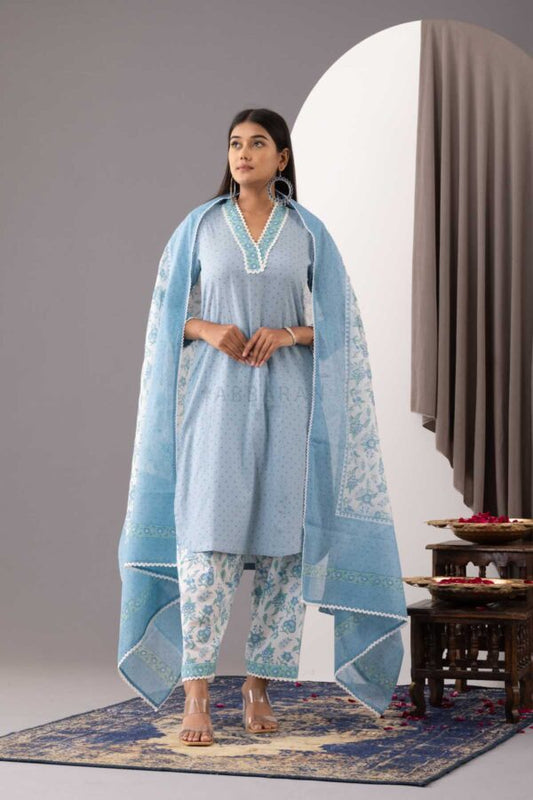PHAGUN POWDER BLUE BLOCK PRINTED COTTON CAMBRIC KURTA WITH SALWAR SET OF 3