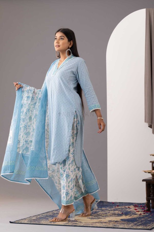 PHAGUN POWDER BLUE BLOCK PRINTED COTTON CAMBRIC KURTA WITH SALWAR SET OF 3