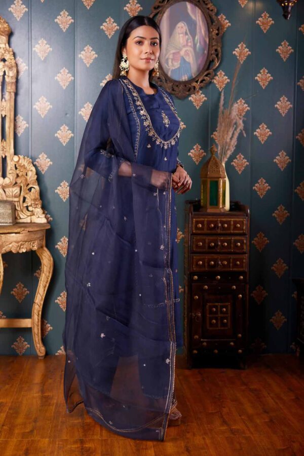Jashan Hand Embroidery Navi Blue Cotton Silk Kurta Set