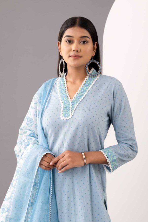 PHAGUN POWDER BLUE BLOCK PRINTED COTTON CAMBRIC KURTA WITH SALWAR SET OF 3