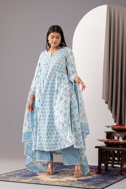 PHAGUN POWDER BLUE BLOCK PRINTED COTTON CAMBRIC A-LINE KURTA WITH PLAZZO SET OF 3