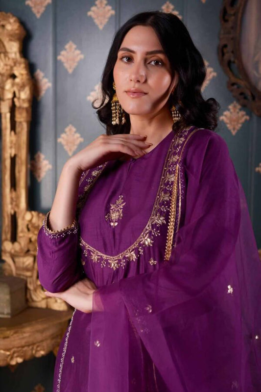 Jashan Hand Embroidery Purple Cotton Silk Kurta Set