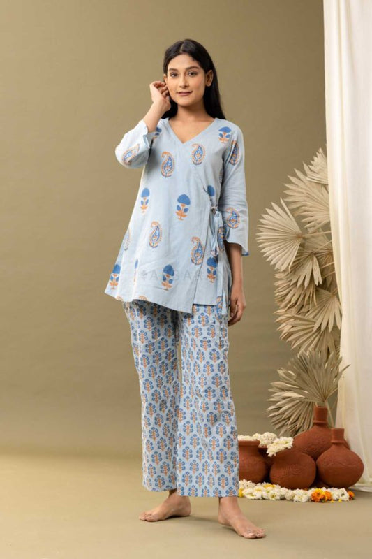 PHAGUN POWDER BLUE BLOCK PRINTED COTTON CAMBRIC ANGRAKHA KURTA WITH PANT SET OF 2