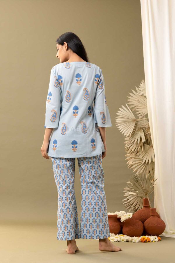 PHAGUN POWDER BLUE BLOCK PRINTED COTTON CAMBRIC ANGRAKHA KURTA WITH PANT SET OF 2