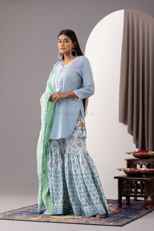 PHAGUN POWDER BLUE BLOCK PRINTED COTTON CAMBRIC GARARA SET OF 3