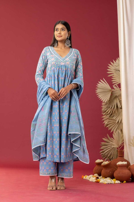PHAGUN POWDER BLUE BLOCK PRINTED COTTON CAMBRIC GATHER ANARKALI WITH PLAZZO SET OF 3