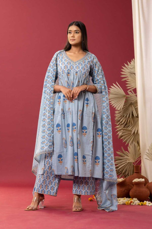 PHAGUN POWDER BLUE BLOCK PRINTED COTTON CAMBRIC GATHER KURTA SET OF 3