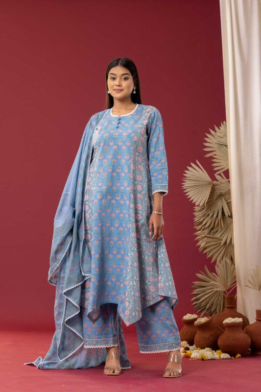 PHAGUN POWDER BLUE BLOCK PRINTED COTTON CAMBRIC HIGH LOW KURTA WITH PLAZZO SET OF 3