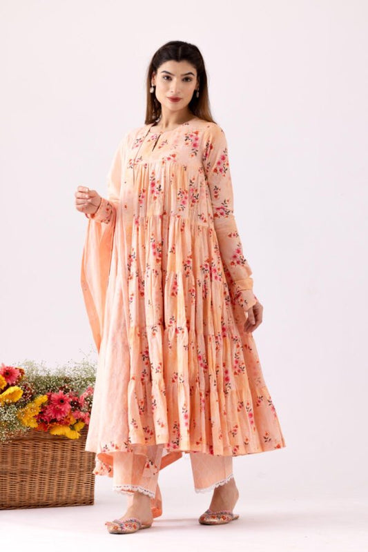 GULMEHER PEACH DIGITAL PRINT COTTON LAYERED ANARKALI WITH PLAZZO SET OF 3