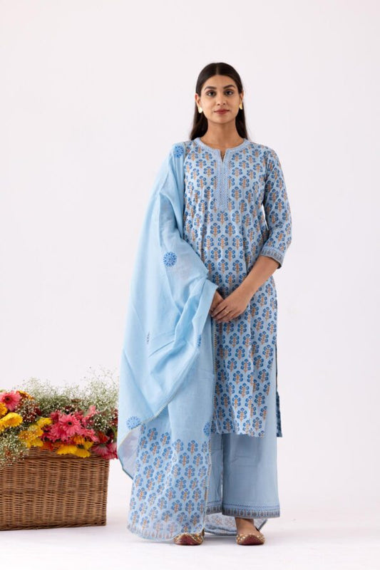 PHAGUN POWDER BLUE BLOCK PRINTED COTTON CAMBRIC STRAIGHT KURTA WITH PLAZZO SET OF 3