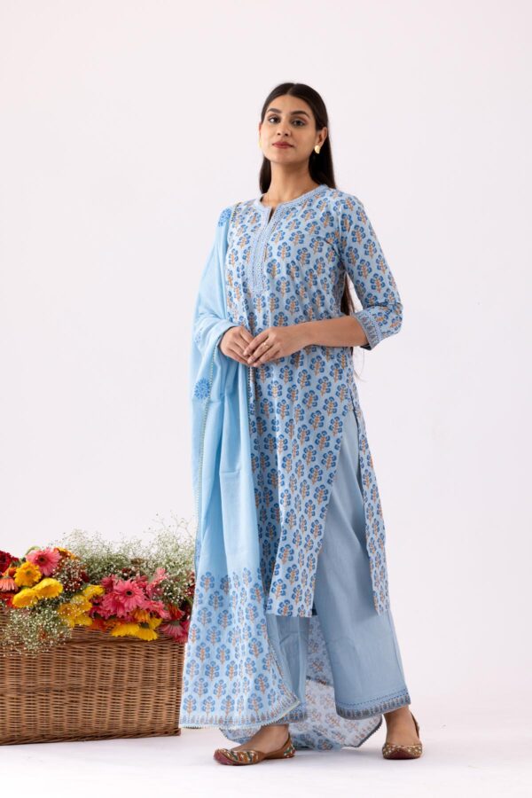 PHAGUN POWDER BLUE BLOCK PRINTED COTTON CAMBRIC STRAIGHT KURTA WITH PLAZZO SET OF 3