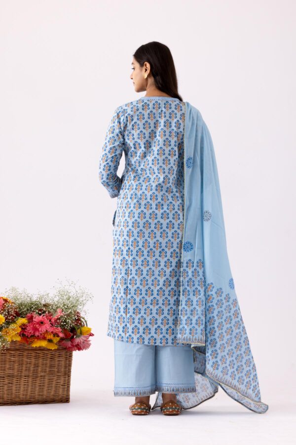 PHAGUN POWDER BLUE BLOCK PRINTED COTTON CAMBRIC STRAIGHT KURTA WITH PLAZZO SET OF 3