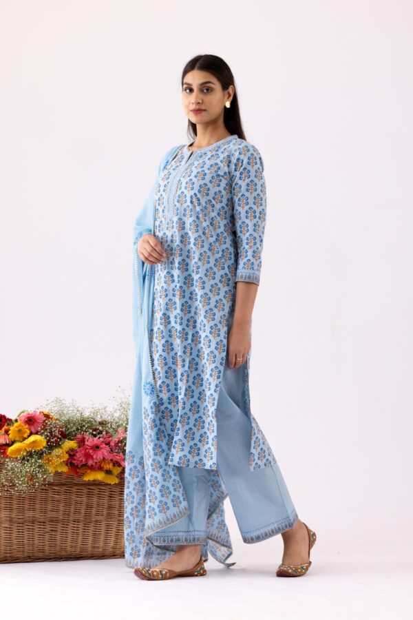PHAGUN POWDER BLUE BLOCK PRINTED COTTON CAMBRIC STRAIGHT KURTA WITH PLAZZO SET OF 3