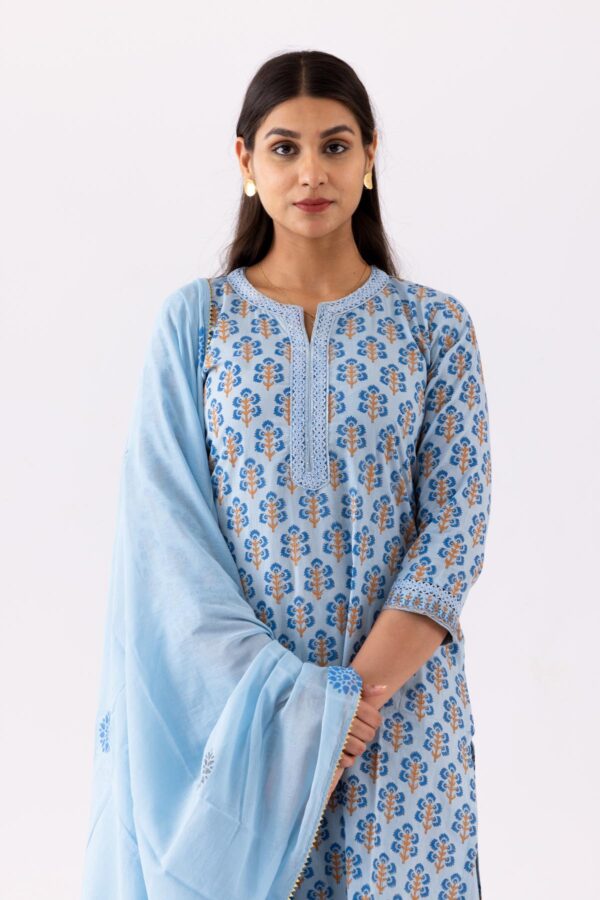 PHAGUN POWDER BLUE BLOCK PRINTED COTTON CAMBRIC STRAIGHT KURTA WITH PLAZZO SET OF 3