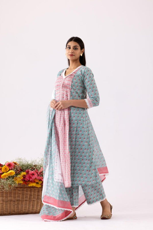 GULMEHER AQUA BLOCK PRINT COTTON PINTUK ANARKALI WITH PLAZZO SET OF 3