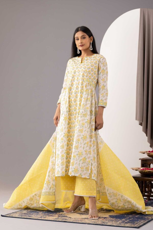 PHAGUN IVORY BLOCK PRINTED COTTON CAMBRIC A-LINE KURTA WITH YELLOW PLAZZO SET OF 3