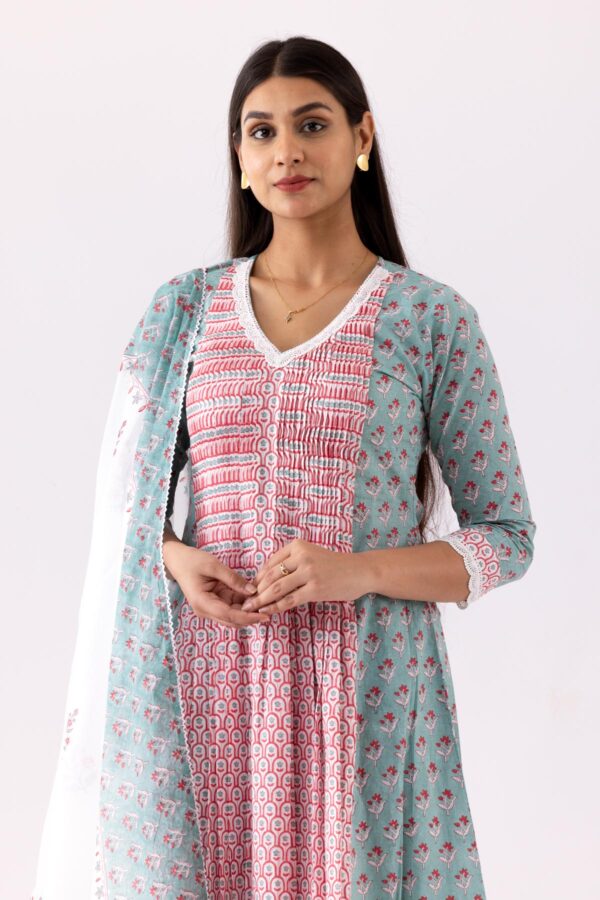 GULMEHER AQUA BLOCK PRINT COTTON PINTUK ANARKALI WITH PLAZZO SET OF 3