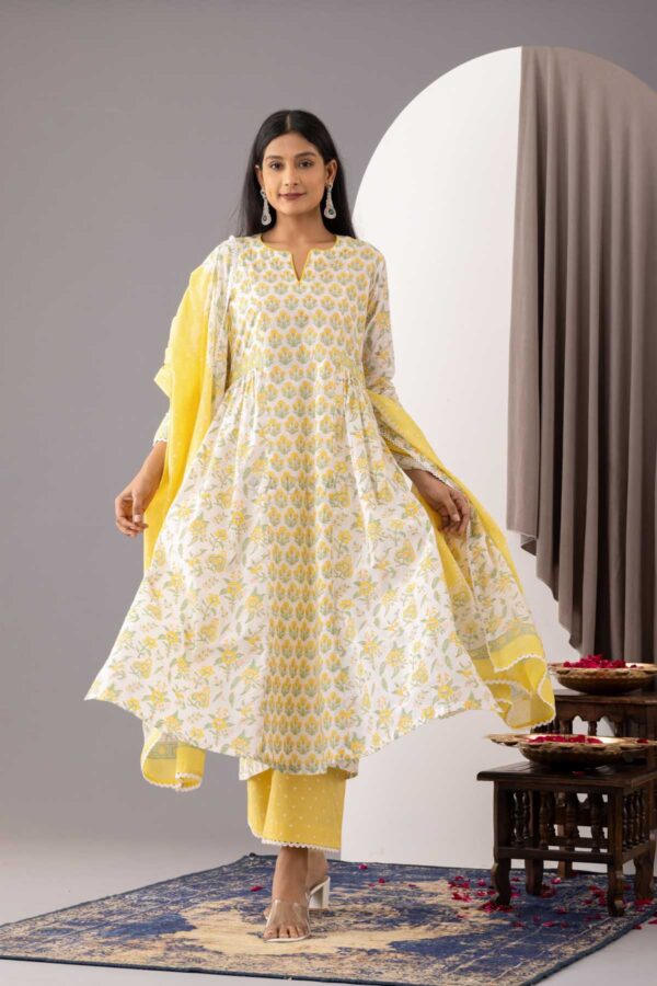 PHAGUN IVORY BLOCK PRINTED COTTON CAMBRIC A-LINE KURTA WITH YELLOW PLAZZO SET OF 3