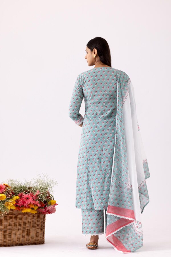GULMEHER AQUA BLOCK PRINT COTTON PINTUK ANARKALI WITH PLAZZO SET OF 3