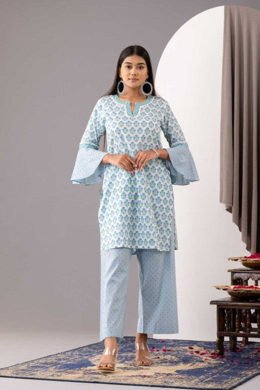 PHAGUN POWDER BLUE BLOCK PRINTED COTTON CAMBRIC STRAIGHT KURTA WITH PLAZZO SET OF 2