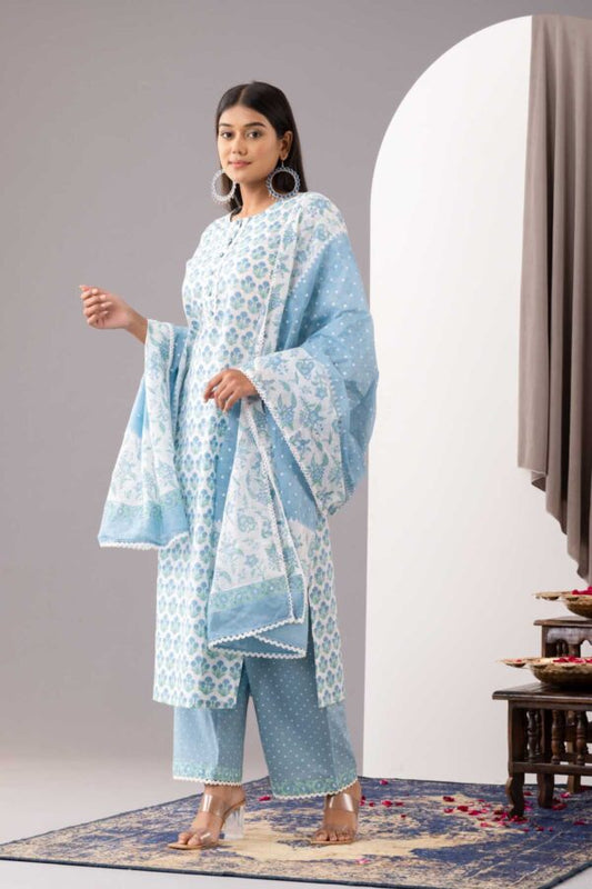 PHAGUN POWDER BLUE BLOCK PRINTED COTTON CAMBRIC STRAIGHT KURTA WITH PLAZZO SET OF 3