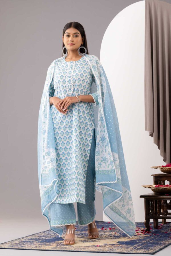PHAGUN POWDER BLUE BLOCK PRINTED COTTON CAMBRIC STRAIGHT KURTA WITH PLAZZO SET OF 3