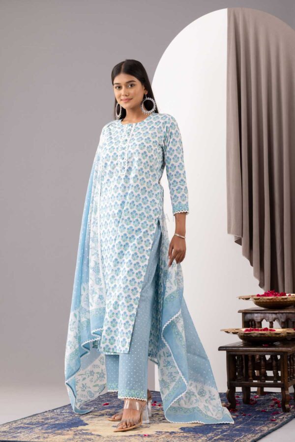 PHAGUN POWDER BLUE BLOCK PRINTED COTTON CAMBRIC STRAIGHT KURTA WITH PLAZZO SET OF 3