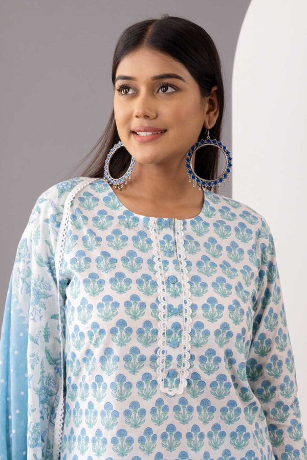 PHAGUN POWDER BLUE BLOCK PRINTED COTTON CAMBRIC STRAIGHT KURTA WITH PLAZZO SET OF 3