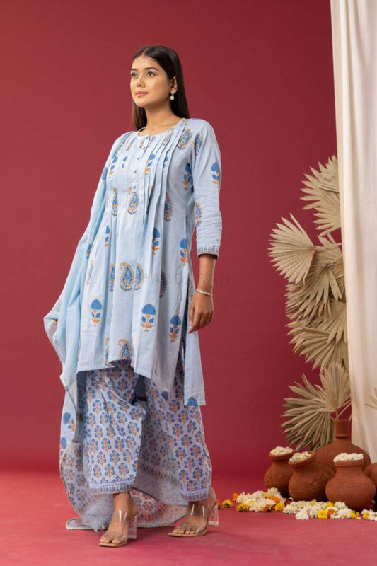 PHAGUN POWDER BLUE BLOCK PRINTED PINTUCK COTTON CAMBRIC KURTA WITH SALWAR SET OF 3
