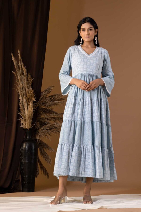 PHAGUN POWDER BLUE KHADI PRINTED COTTON CAMBRIC DRESS Abbaran by Shobha PHAGUN POWDER BLUE KHADI PRINTED COTTON CAMBRIC DRESS Abbaran by Shobha